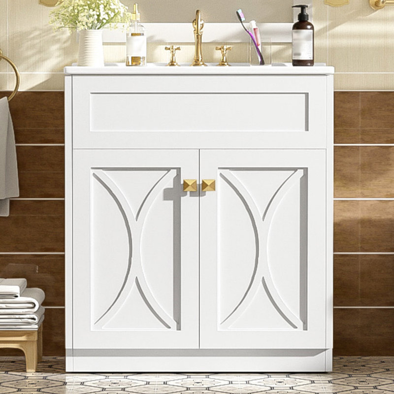 Meuble-lavabo 30 po avec lavabo en céramique, armoire de rangement autoportante moderne avec poignées dorées, portes à fermeture douce