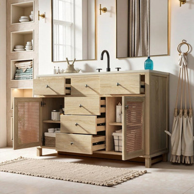 Meuble-lavabo en rotin naturel 48 po avec 5 tiroirs et lavabo en céramique UnaNoxa