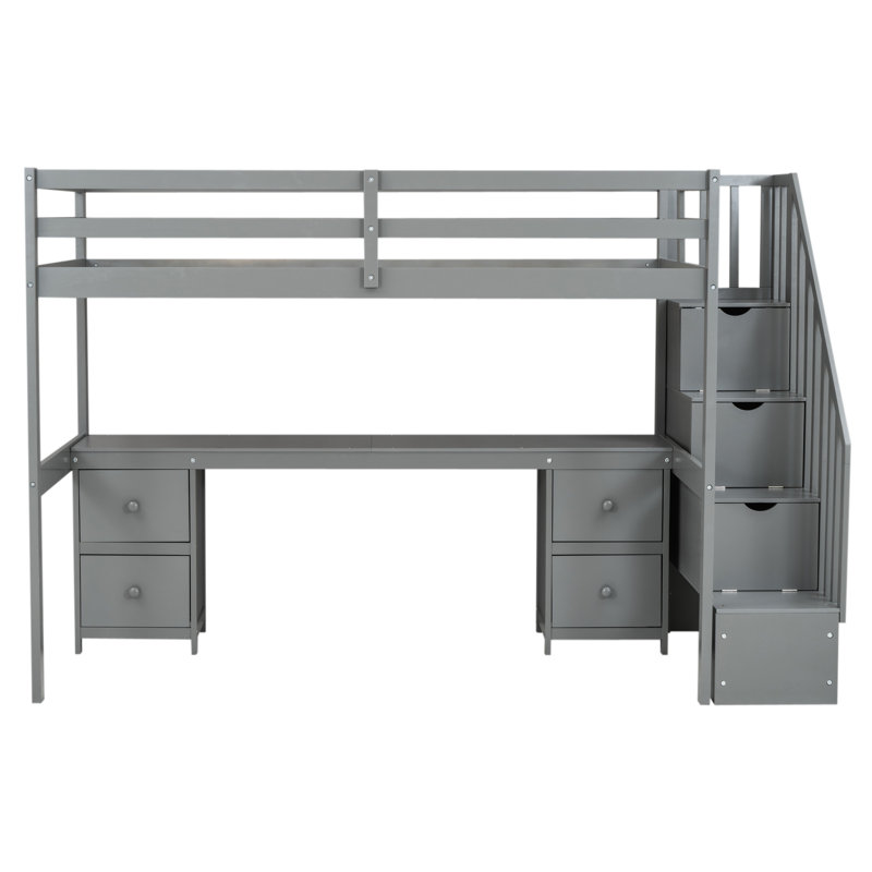 Lit mezzanine simple gris avec bureau et double rangement pour tablettes pratiques, Gris