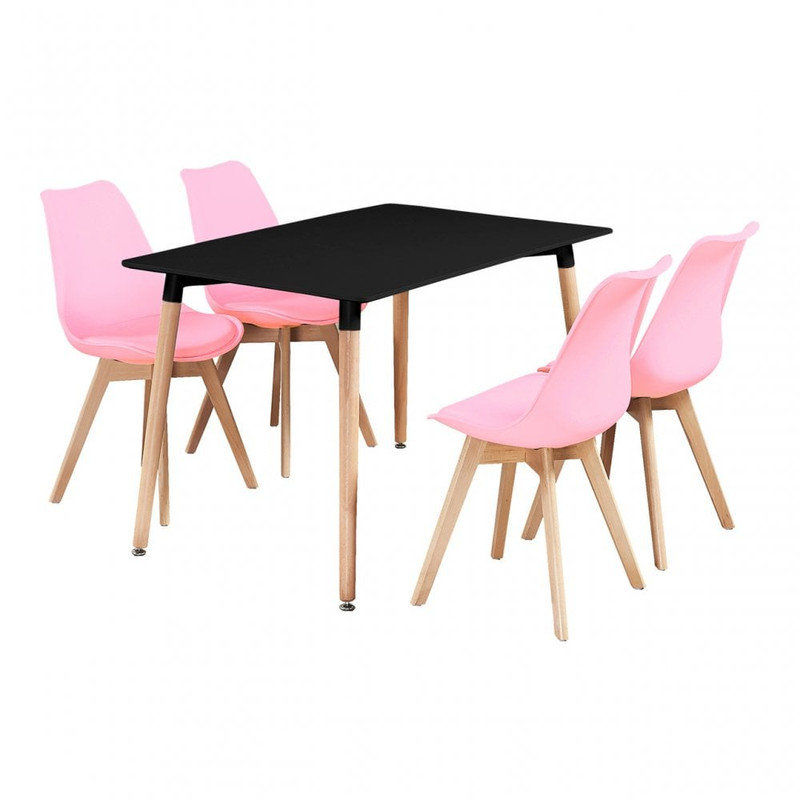 Suellen 4 Person Dining set - a Rectangular Plastic Dining Table with Wooden Legs and a Set of 4 Faux Leather Cushion Padded Dining Chairs for Dining Room - Modern Dining Table Set