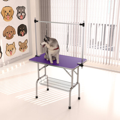 1 X 36-inch Foldable Pet Grooming Table & Drying Station Stainless Steel Frame With Rubber Mat Safe & Non-slip Pet Salon Use Easy Operation Features Adjustable Arms & Rope Purple
