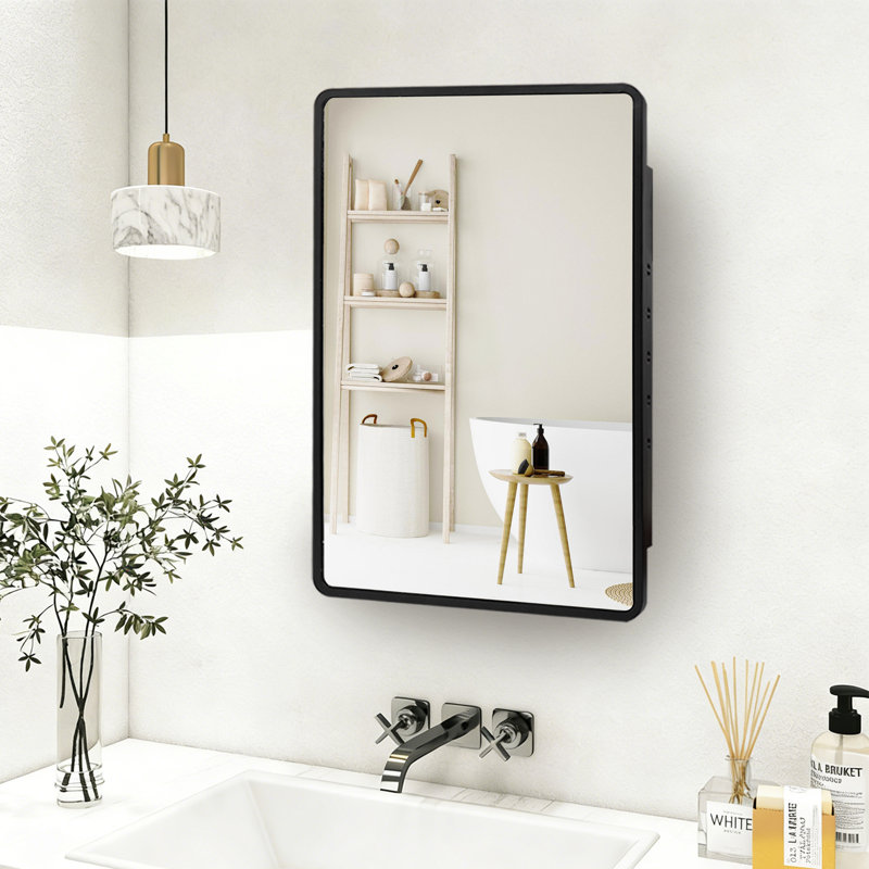 JS Framed Medicine Cabinet Recessed/Surface-Mounted with 3 Glass Adjustable Shelf &  Mirror & Magnetic Catch 16"W x 24"H