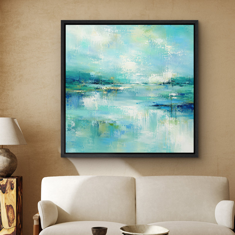 Tableau abstrait serein turquoise et bleu aqua encadré sur toile, H 16 po x l 16 po, Noir