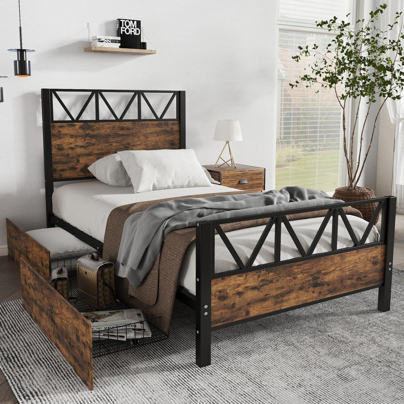 Metal Bed With 2 Drawers Industrial Style, Single (3')