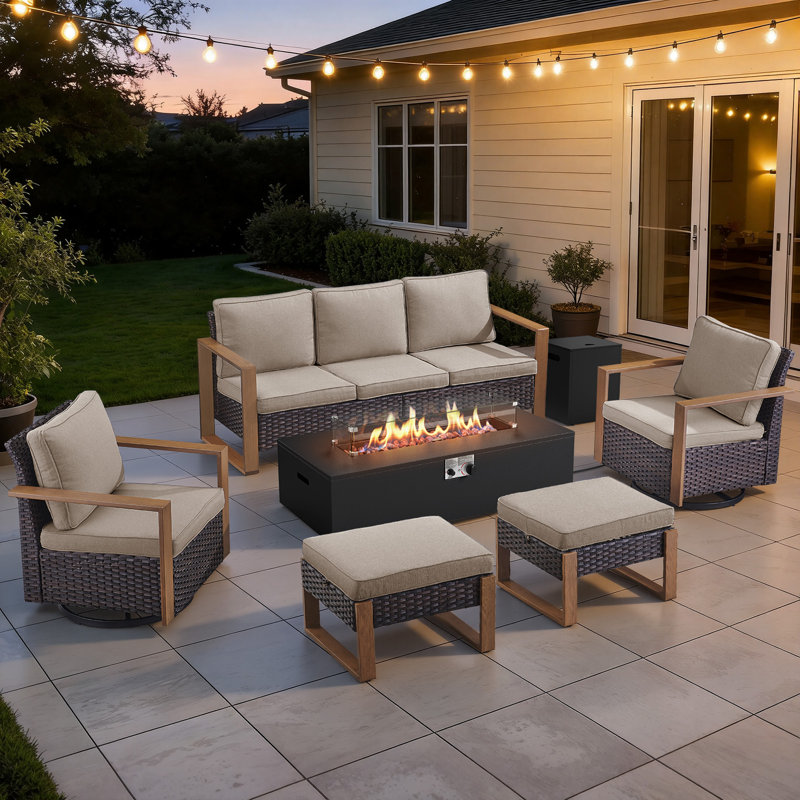 Drazen 7 - Person Patio Furniture Set With Fire Pit Table, All-Weather Wicker Outdoor Conversation Set With Chair And Thick Cushions