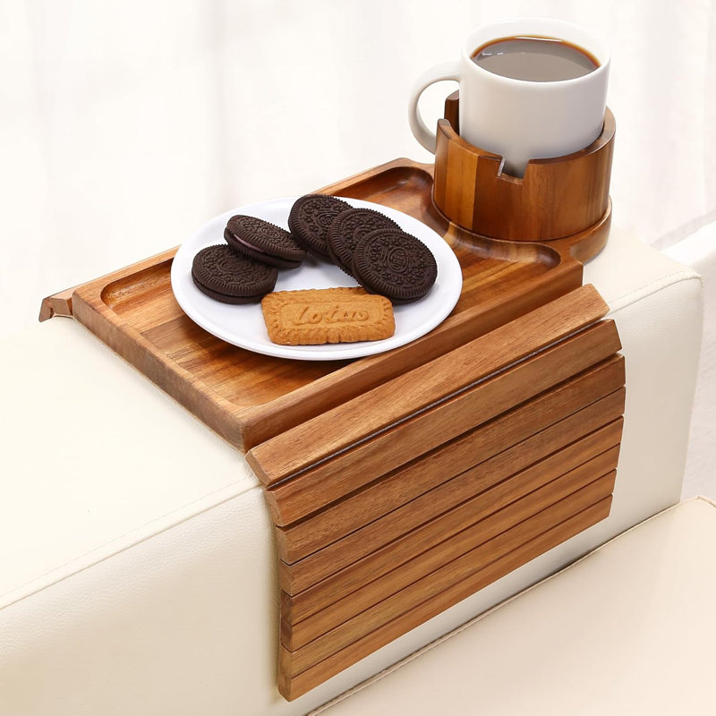 Couch Cup Holder Tray,Acacia Wood Sofa Arm Clip on Tray Table with 360° Rotation Cup Holder