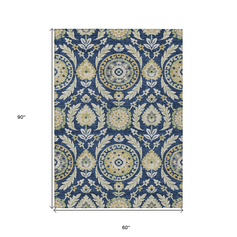 Tapis extérieur lavable floral bleu marine et beige 5 pi x 8 pi