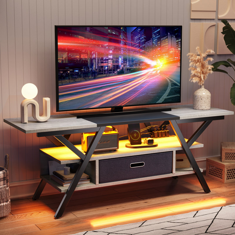 Brisna 55" TV Stand, Modern Entertainment Center with Power Outlets LED and Drawer, White Wash