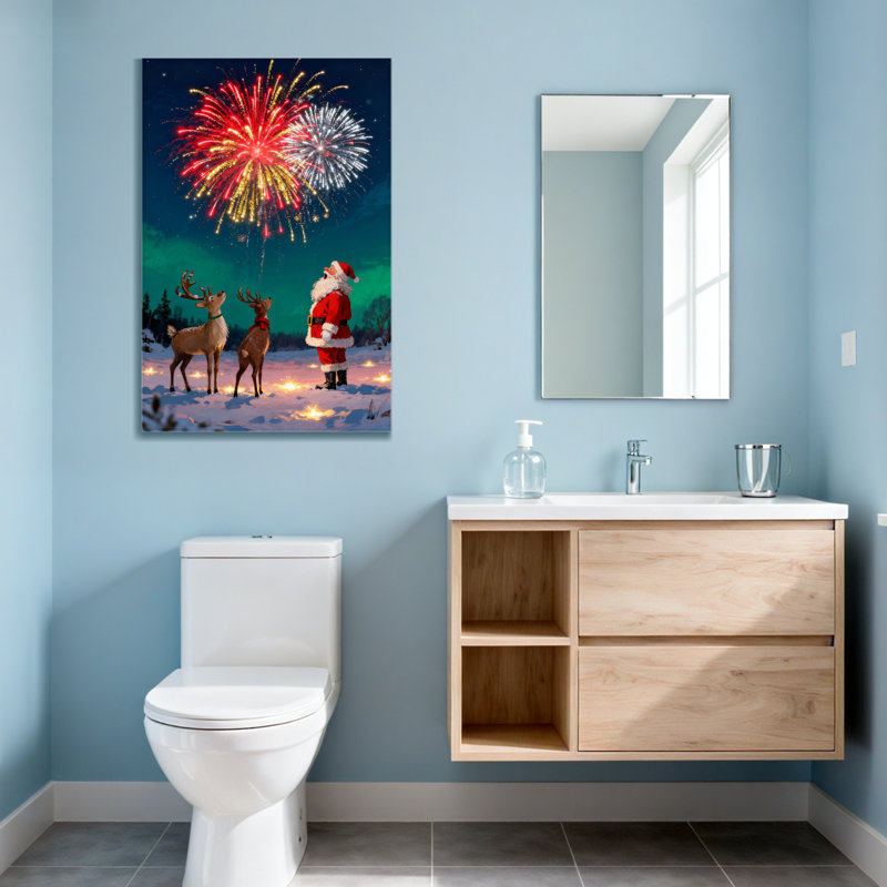 Noël, père Noël, renne, feux d'artifice, nuit d'hiver, scène, H 24 po x l 16 po