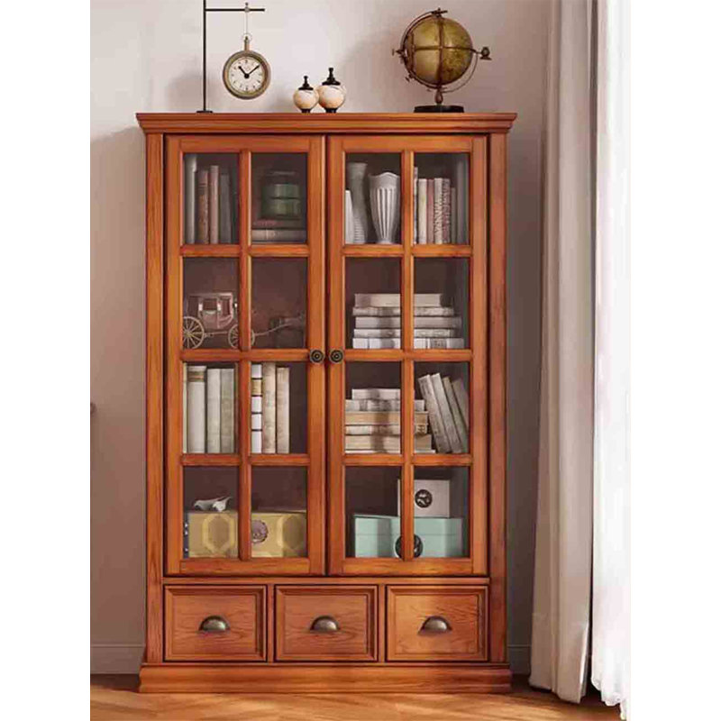 Bibliothèque à portes en verre massif avec tiroirs Traditional, Brun