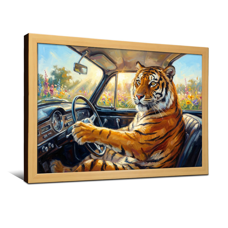 Animaux, tigre au volant d'une voiture classique dans un champ, H 24 po x l 36 po, Toile tendue, Ne s’applique pas