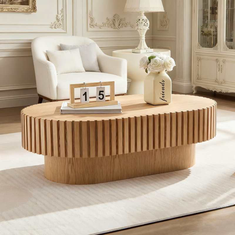 Table basse moderne, longueur de 43,70 pouces, panneau de fibres à densité moyenne et bois avec placage de bois, relief en bois massif, base robuste en panneau de fibres à densité moyenne, assemblage facile, multifonctionnel pour le bureau