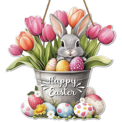 Joyeuse Pâques porte décoration lapin floral seau panneau suspendu pour le décor de la porte d'entrée