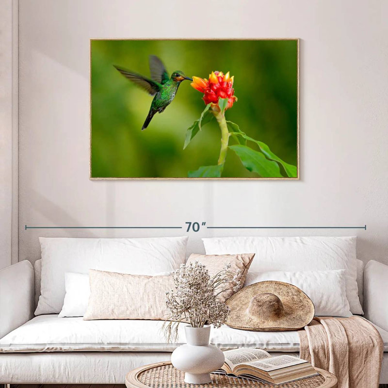 Fleur et colibri vert, Cadre flottant en bois naturel, 43 po x 29 po