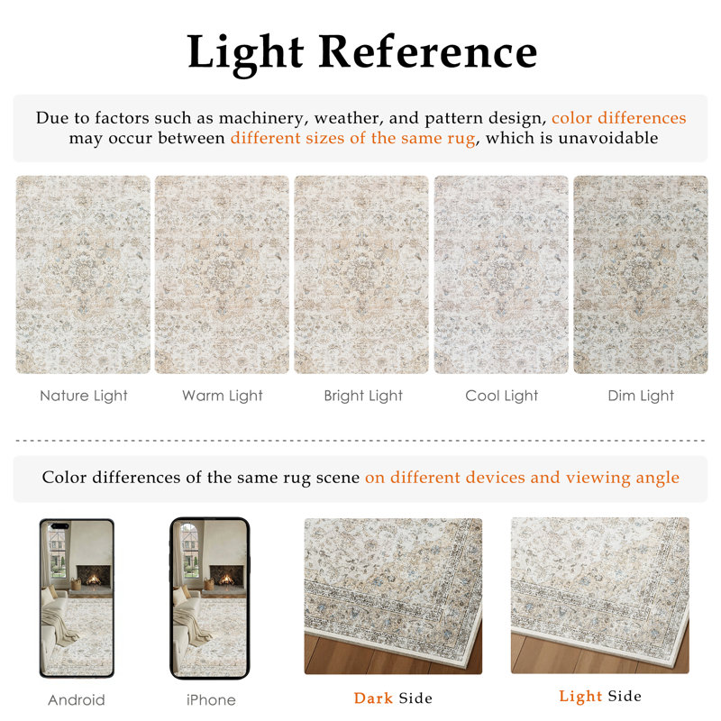 Tapis oriental beige Stella avec envers antidérapant, Light Grey, 0.35", Tapis de couloir 2 pi x 8 pi