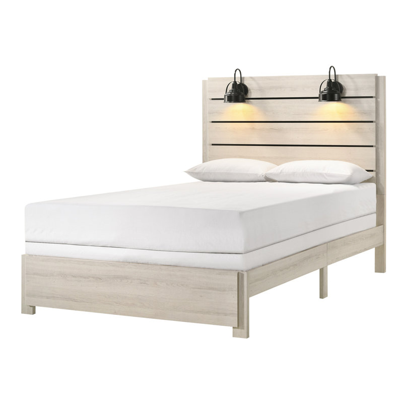 Grand lit transitionnel en bois, finition blanc crème, mobilier de chambre à coucher fabriqué en bois massif moderne