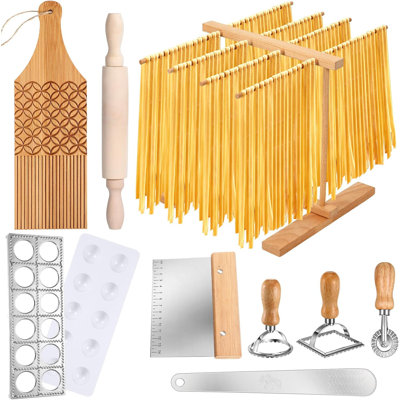 9 Pcs Pasta Making Tool Set Include 1 Drying Rack 1 Ravioli Press 1 Gnocchi Board 1 Cutter 1 Rolling Pin 1 Filling Spoon 3 Ravioli Stamp For Pasta Mak