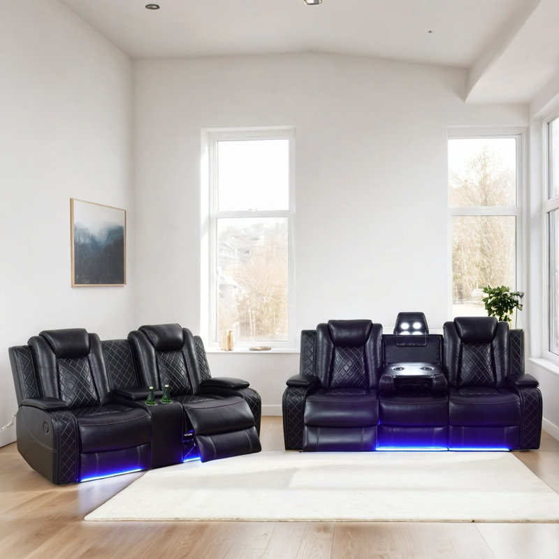 Ensemble de salon inclinable électrique en cuir végétalien 2 pièces avec chargeur sans fil et lumière DEL bleue Nahman