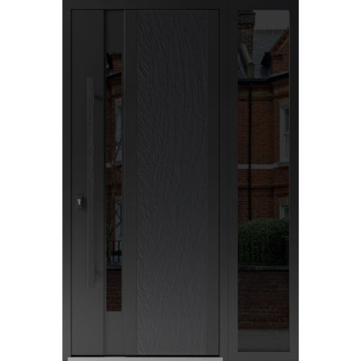 Façade avant en acier pré-suspendue / Dekton 0163 Ardesia Nero / Fenêtre extérieure latérale Sidelite / Entrée en métal peint moderne l 36 po x H 12 po x H 80 po à droite