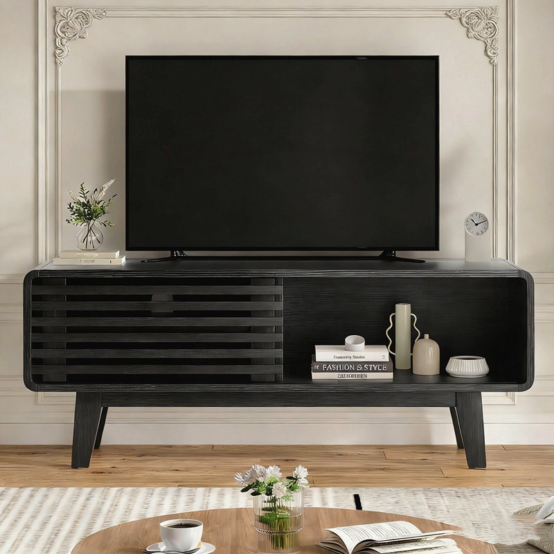 Mid-Modern Century TV Stand for TVs Up to 59 Inch, Entertainment Center with Sliding Door and Storage Cabinet, Black