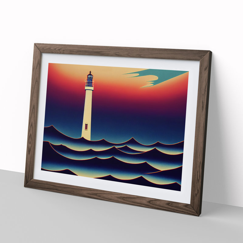 Art Deco Lighthouse 1 Piece Single Picture Frame Wall Art, 46cm H x 64cm W, Brown