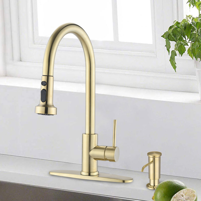 Brushed Gold Stainless Steel Pull Down Kitchen Faucet With Soap Dispenser - Scratch, Rust, And Spot Construction 360 Rotatable Spout Energetic Spray Capacity 1.8Gpm Flow Volume Easy To Clean