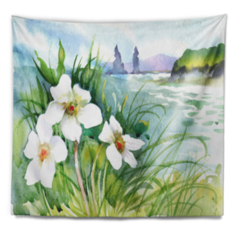 Paysage avec fleurs en fleurs sur une tapisserie de rivière d'été, H 50 po x l 60 po