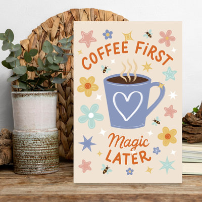 Coffee First Magic Later Whimsical Abstract Contemporary Bee Flower Landscape Wall Art Print 1 Piece Wrapped Canvas Wall Art