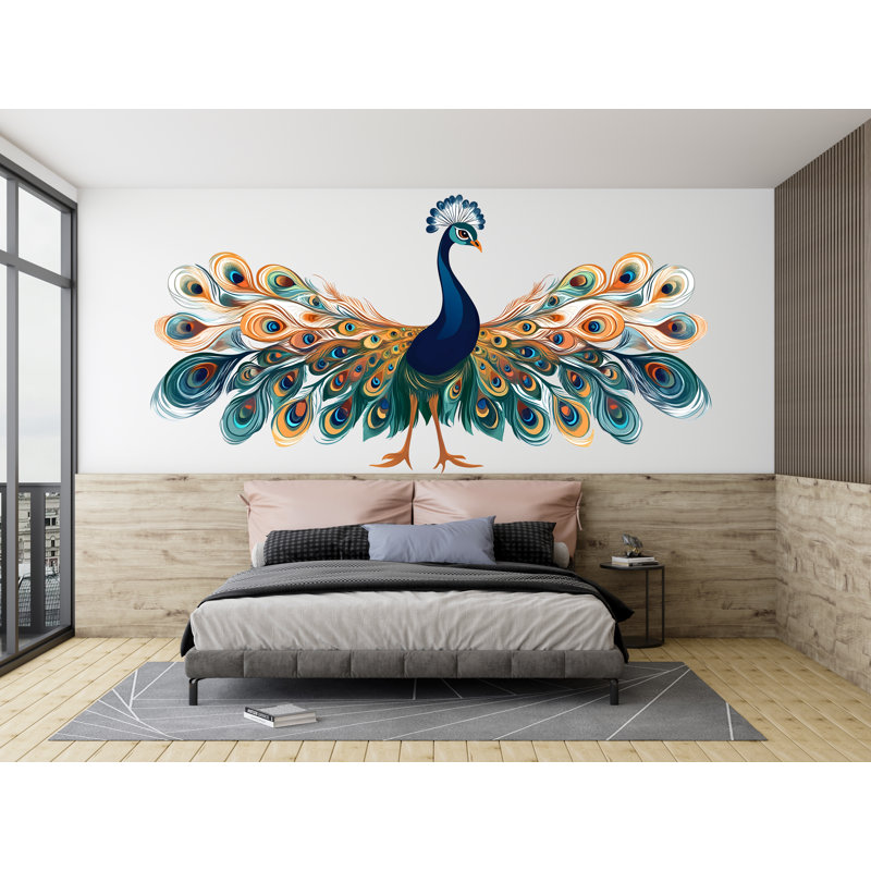 Adhésif décoratif paon, oiseau coloré, art mural boho, grand autocollant mural, vinyle, 13x24 inches
