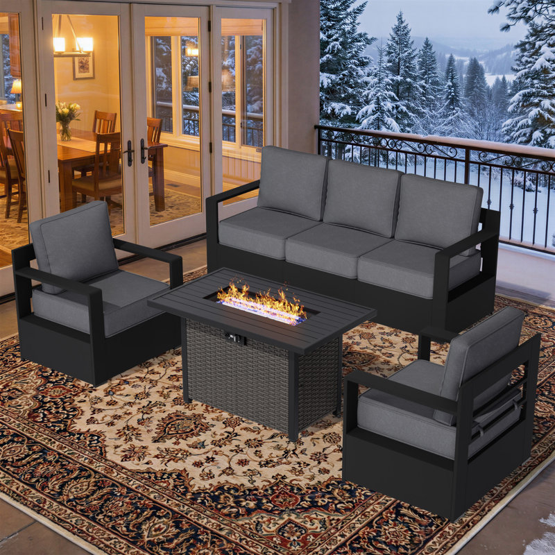 5-Piece Aluminum & Iron Outdoor Lounge Set with Plush Cushions and Convertible Fire Pit Table, Gray, Black/Gray