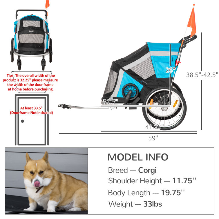 Aosom 2-In-1 Pet Bike Trailer, Dog Stroller, Foldable Carrier With Wheels For Puppies, Cats, Camping, Hiking, Biking, Blue