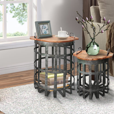 Wolford Industrial Grid Galvanized Accent Side End Table with Round Lid and Handles, Set of 2, Gray and Brown by Trent Austin Design
