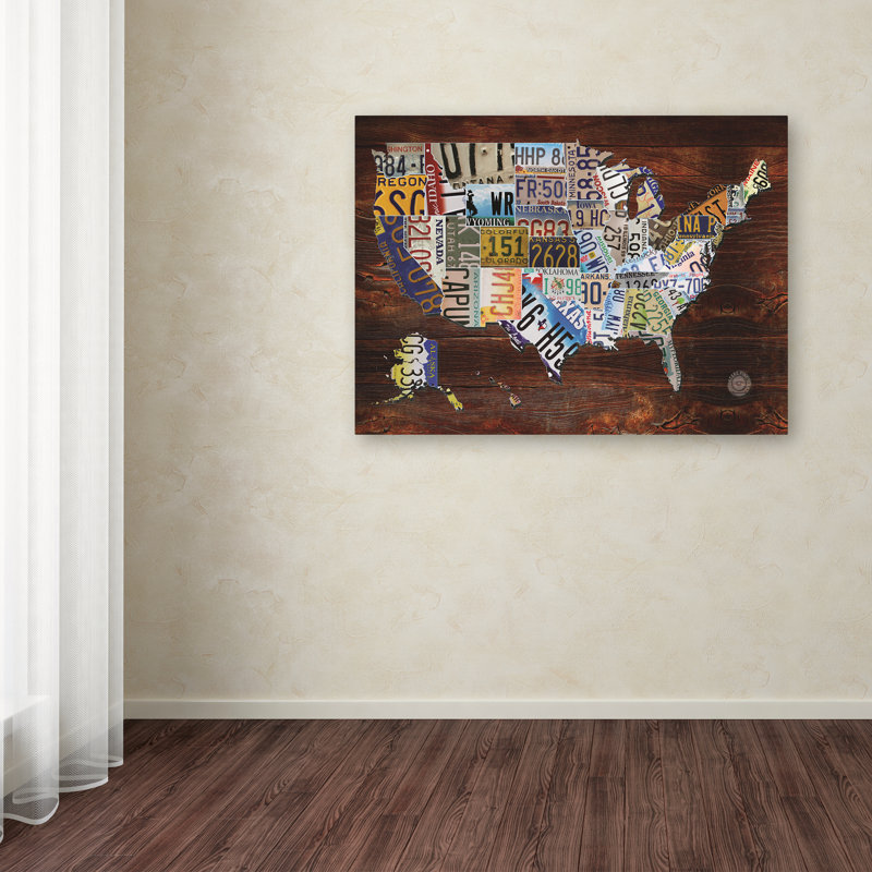 « USA License plaque Map »-impression d’art graphique, H 18 po x l 24 po x P 2 po, Toile tendue, Blanc