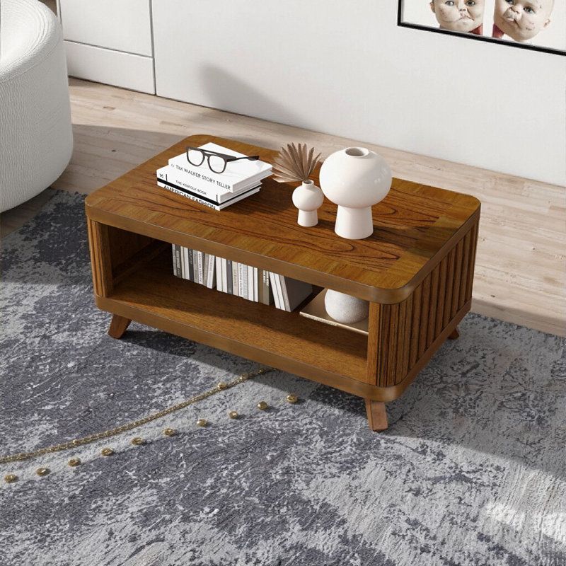41.5" Rectangular Coffee Table with Solid Wood Legs & Open Shelf, Light Brown