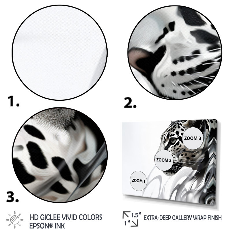 Gris, panthère blanche, élégance abstraite, Cadre simple noir, H 16 po x l 32 po x P 1 po