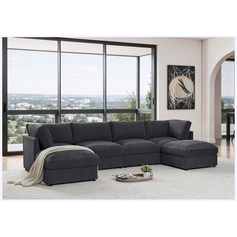 Canapé modulaire réversible en velours côtelé Corduroy, canapé convertible en forme de L avec sièges profonds pour le salon