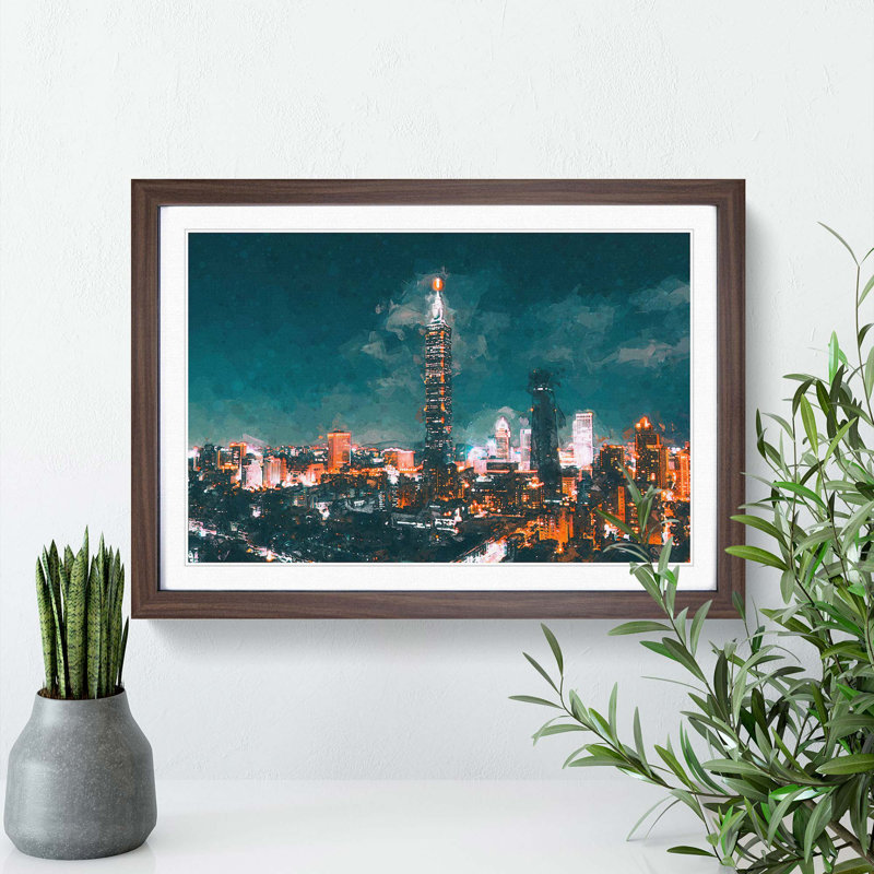 Taipei City Taiwan in Abstract - Picture Frame Graphic Art Print, 27cm H x 36cm W x 2cm D, Walnut Framed