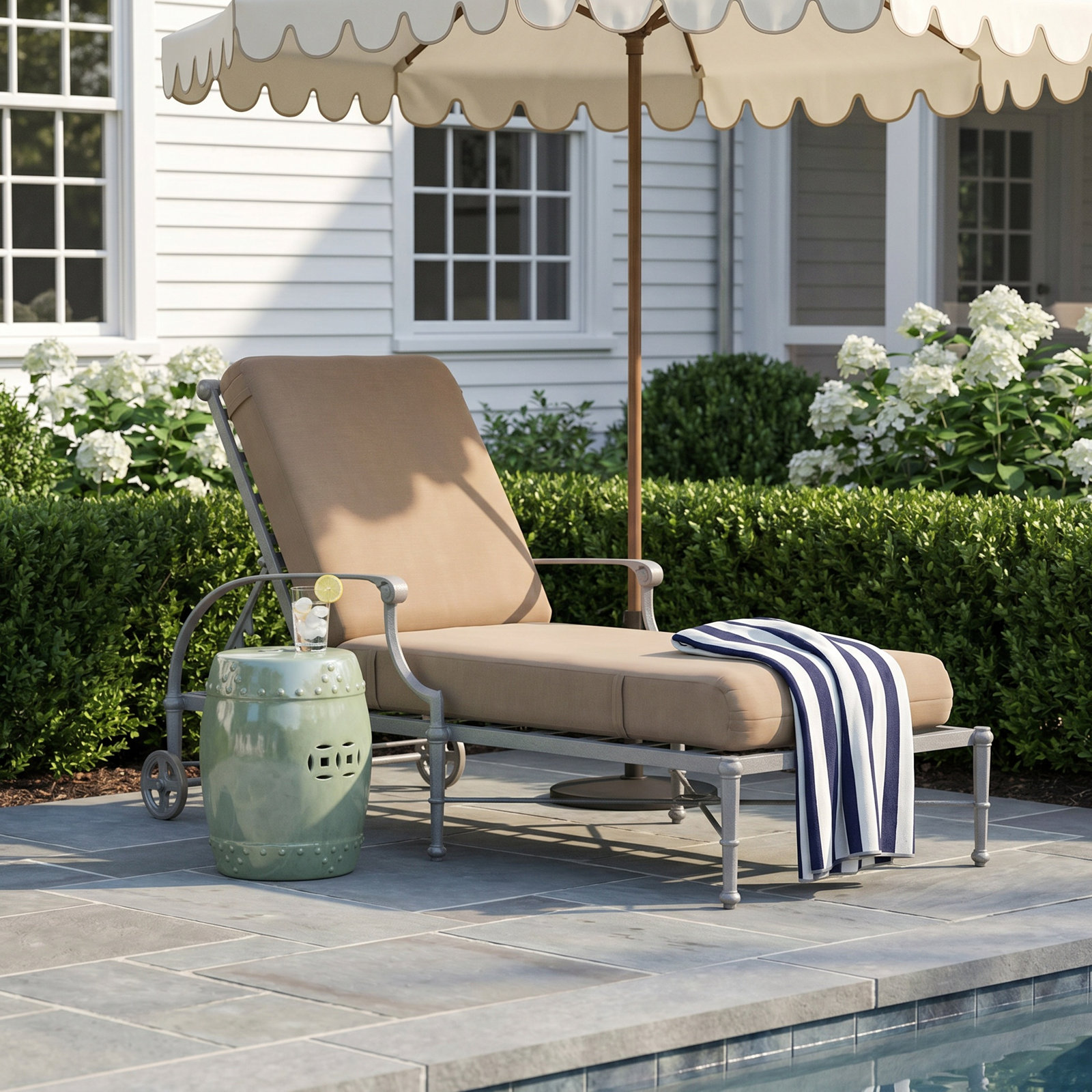 Delphi 32'' Outdoor Aluminum Chaise Lounge, Canvas Heather Beige Sunbrella® Canvas, Pewter