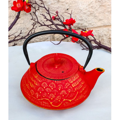 Red And Gold Traditional Ginko Tetsubin Medium Cast Iron Teapot 28oz Tea Pot