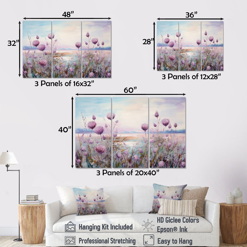 Minimalisme chardon Nature Florescence I - ensemble d'art mural champ de fleurs, H 40 po x l 60 po x P 1 po