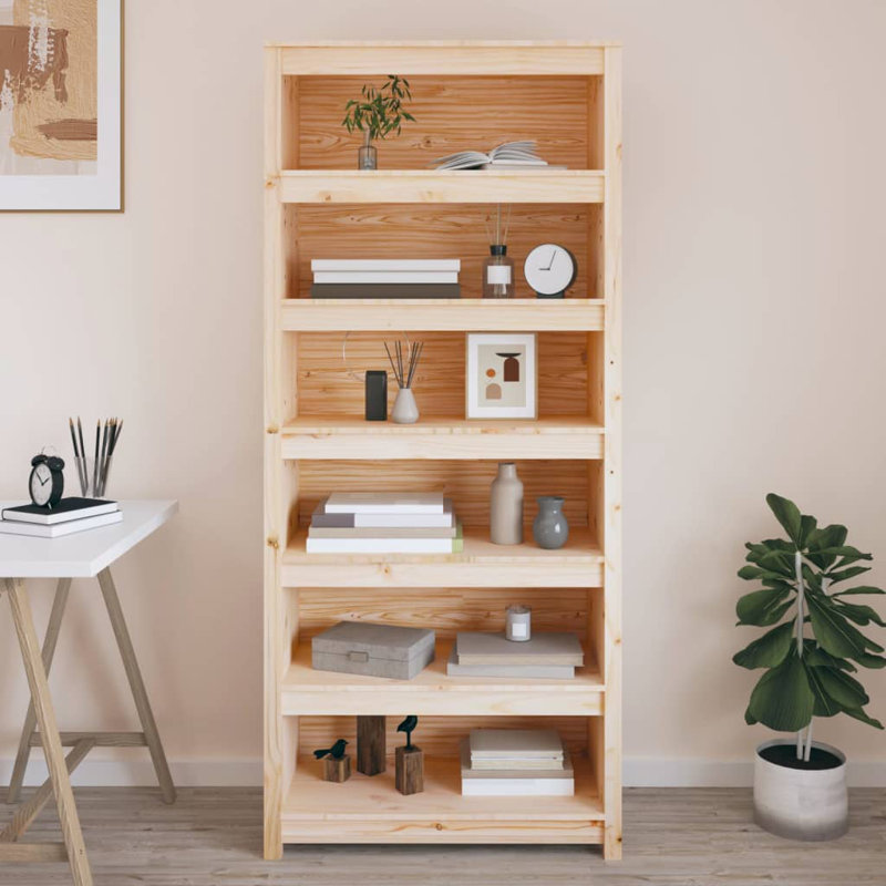 183cm H Solid Wood Standard Bookcase, Light Brown, 183cm H x 80cm W x 35cm D