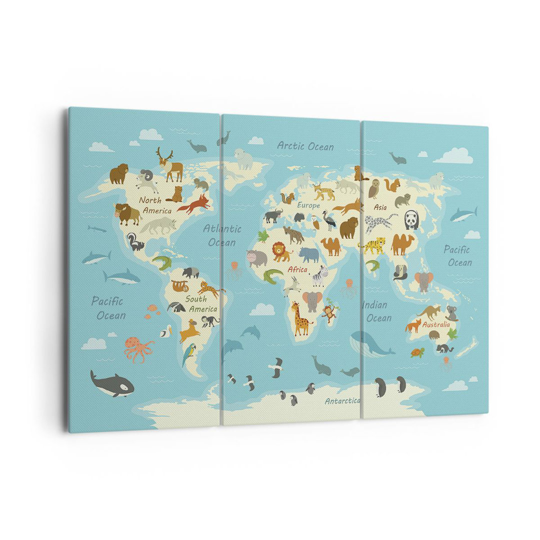 3-tlg. Leinwandbilder-Set Animals the World Map