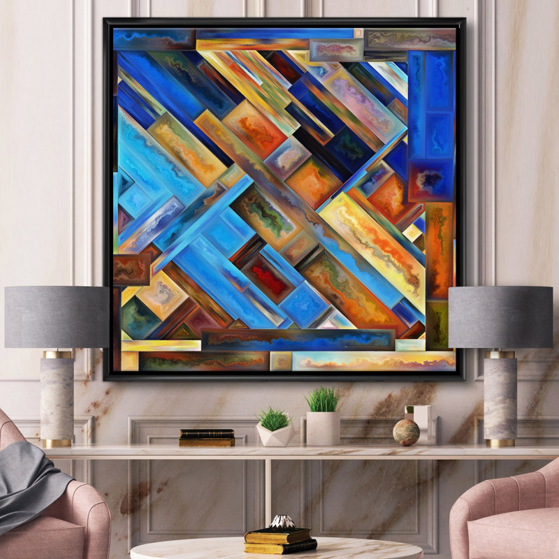 Formes géométriques en orange et bleu - reproduction sur toile flottante, H 30 po x l 30 po x P 1 po, Toile avec cadre noir