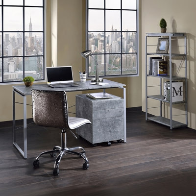 Metal Shelving Unit Bookshelf 1pc Home Office Furniture Wooden Storage Rack Shelves, Faux Concrete & Silver Finish