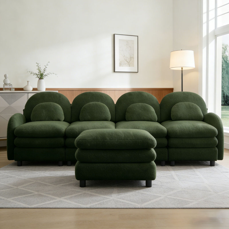 Teddy Fabric Cloud Sofa,Curved Backrest and Armrest with Curved Lumbar Pillows, Green+4Seat+1Ottoman