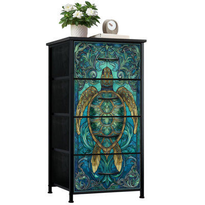 Commode de style vitrail pour la chambre à coucher avec 4 tiroirs de rangement, commode en verre teinté bleu sarcelle, commode en acier pour vestibule de style dortoir