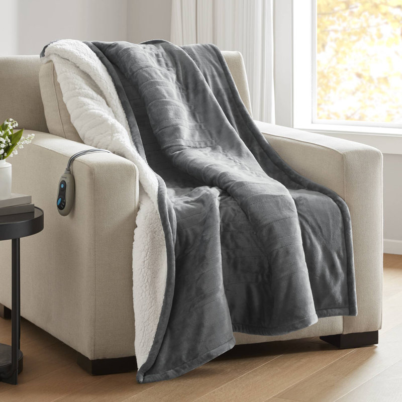 Gray Electric Heated Reversible Fleece Sherpa Throw Blanket