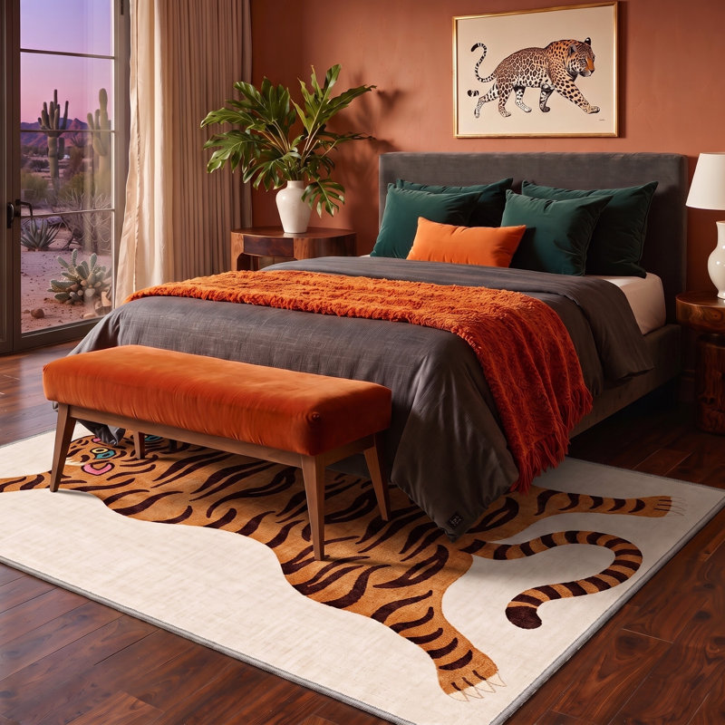 Tapis ivoire / orange tigre lavable à la machine avec envers antidérapant Tayviona, Rectangle 6 pi x 9 pi
