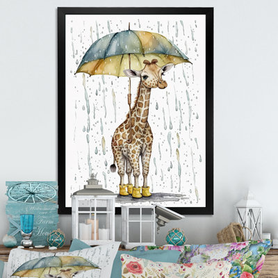 Mignonne girafe avec parapluie, jour de pluie - girafe sur toile, animaux