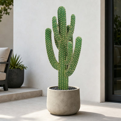 2.5FT Artificial Cactus 3-Branched 16-Ribbed with White Spines – Faux Cactus Plants Indoor Fake Succulent Decor